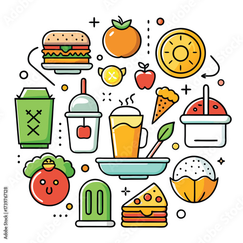 Whimsical Food Icons Arranged In Circular Composition With Vibrant Colors