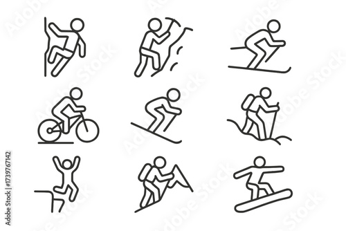 Extreme Mountain Iconography. Line style icons of extreme mountain sports: rock climbing, ice climbing, alpine skiing, mountain