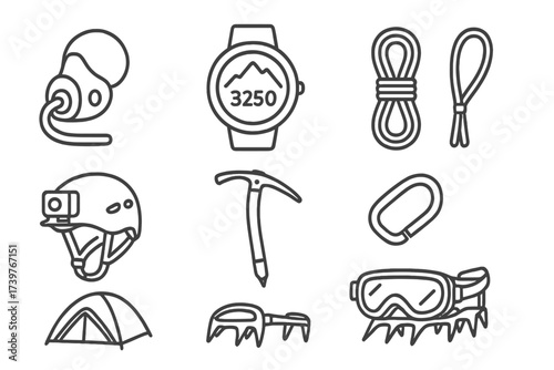 High-Altitude Gear Icons. Line style icons of high-altitude gear: oxygen mask, altitude watch, climbing rope, helmet with cam, ice