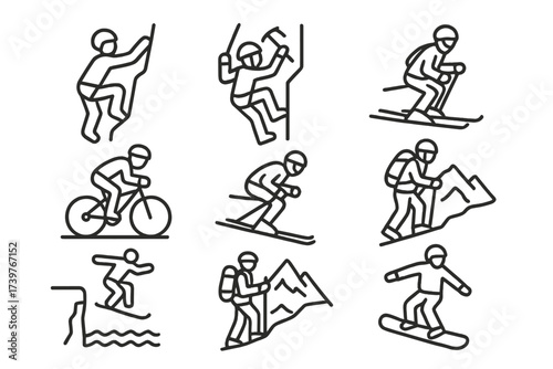 Extreme Mountain Iconography. Line style icons of extreme mountain sports: rock climbing, ice climbing, alpine skiing, mountain