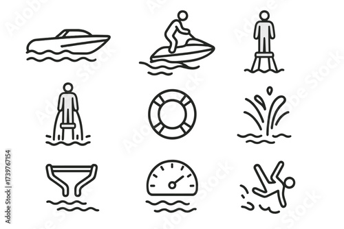 Water Challenge Icons. Line style icons of high-speed water challenges: speedboat racing, water jump, hoverboard, water jetpack,