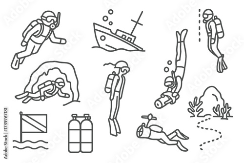 Extreme Diving Icons. Line style icons of extreme diving activities: scuba dive, wreck dive, deep dive, cave diving, free diving,