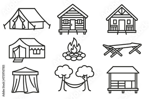 Safari Accommodation Icons. Line style icons of safari accommodations: canvas tent, bush lodge, wooden cabin, luxury tent,