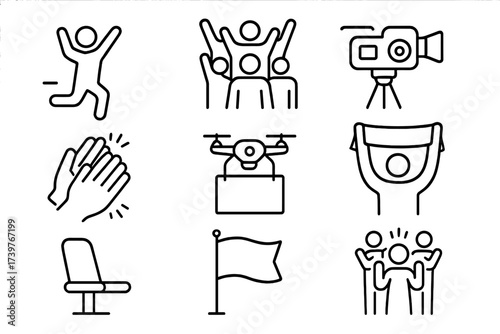 Cheering Fans Icons. Line style icons of fans and spectators: action shot, cheering crowd, event camera, clap hands, sport drone,