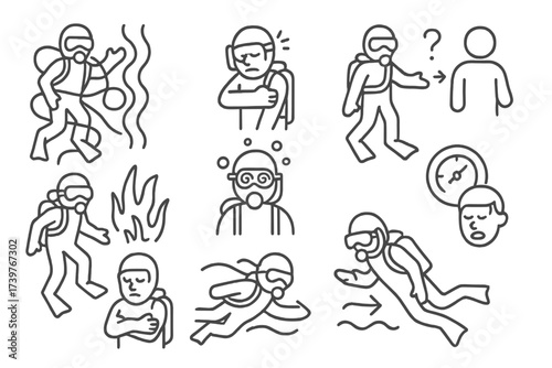 Scuba Hazard Icons. Line style icons of scuba hazards: entanglement, overexertion, lost buddy, sharp coral, nitrogen narcosis,