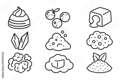 Gourmet Dessert Icons. Line style icons of gastronomy dessert elements: frozen mousse, fruit spheres, liquid core bonbon, sugar