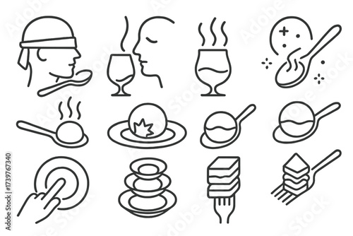 Gastronomy Experience Icons. Line style icons of gastronomy tasting experiences: blindfold tasting, aroma guessing, texture sample