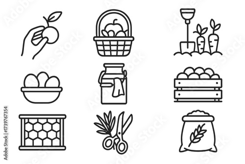 Food Harvesting Icons. Line style icons of food harvesting: hand picking, fruit basket, digging root vegetables, egg collection,