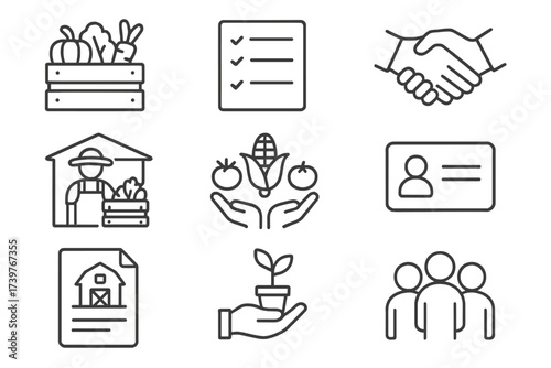 Community Agriculture Icons. Line style icons of community-supported agriculture: farm share box, subscription list, farmer