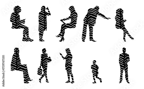 Vector illustration, Outline silhouettes of people, Contour drawing, people silhouette, Icon Set Isolated , Silhouette of sitting people, Architectural set
