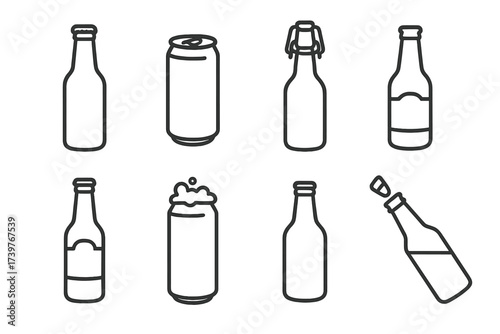 Craft Beer Icons. Line style icons of craft beer bottles and cans: capped bottle, aluminum can, swing-top bottle, bottle with