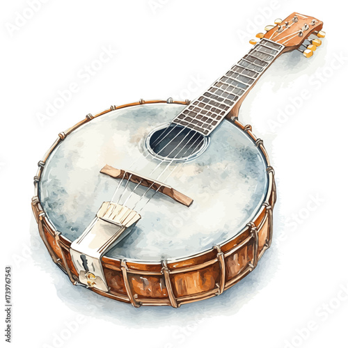 watercolor vector of Banjo, isolated on a white background.