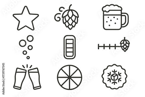 Beer Appreciation Icons. Line style icons of beer appreciation symbols: beer rating star, hop aroma swirl, foam level, carbonation