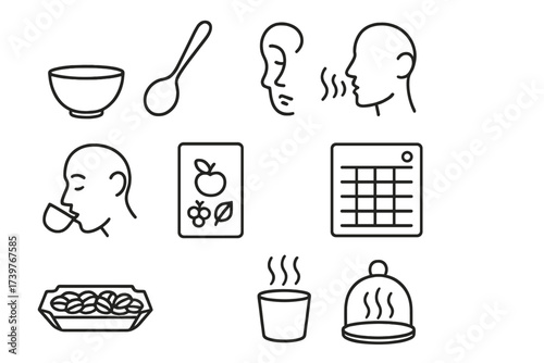 Coffee Tasting Icons. Line style icons of cupping and tasting: cupping bowl, tasting spoon, aroma sniff, slurp motion, flavor