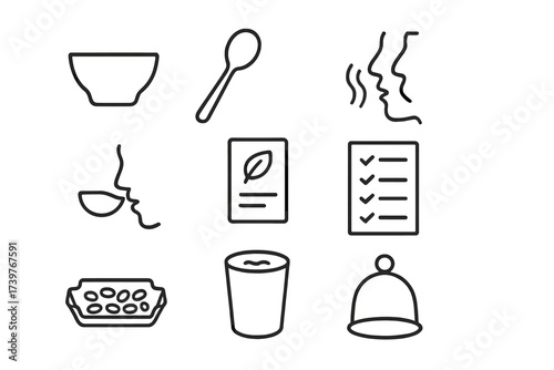 Coffee Tasting Icons. Line style icons of cupping and tasting: cupping bowl, tasting spoon, aroma sniff, slurp motion, flavor