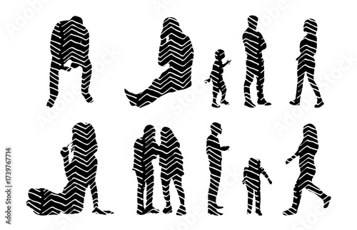 Vector illustration, Outline silhouettes of people, Contour drawing, people silhouette, Icon Set Isolated , Silhouette of sitting people, Architectural set