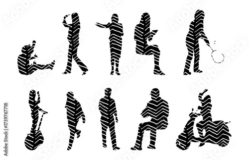 Vector illustration, Outline silhouettes of people, Contour drawing, people silhouette, Icon Set Isolated , Silhouette of sitting people, Architectural set