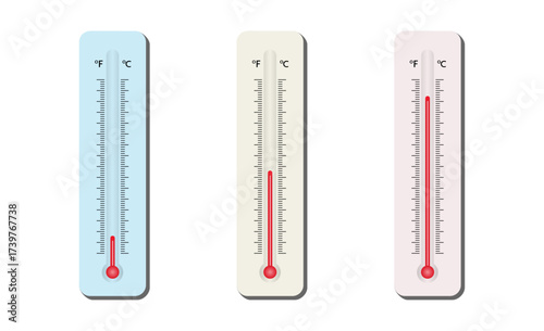 Abstract thermometer measure set vector design. Creative weather meteorology icon, summer, winter, spring, autumn season illustration. 