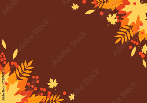 Vibrant autumn leaves and berries create a festive seasonal border on a warm brown background, perfect for fall designs and greeting cards
