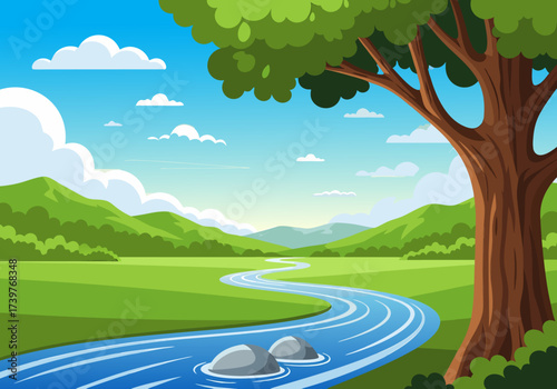 Idyllic cartoon landscape illustration featuring a winding blue river flowing through lush green hills under a bright sky with a grand tree and fluffy clouds, evoking a sense of peaceful tranquility