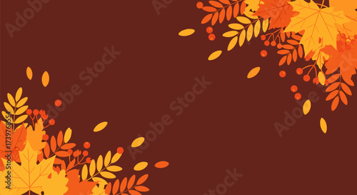 Vector illustration of autumn fall leaves and berries in vibrant colors, symmetrically arranged on a brown background, perfect for seasonal decor