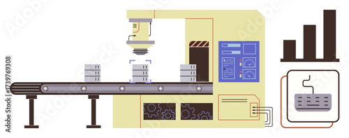 Industrial robot sorting stacked items on factory conveyor with control panel, bar graph, and wired control. Ideal for automation, industry 4.0, robotics, smart technology, efficiency manufacturing