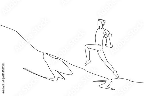 Continuous line drawing of a young man hiking uphill, symbolizing outdoor exploration and perseverance, created for National Trails Day with a nature concept design style.