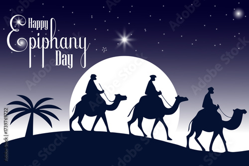 Epiphany Day Three Wise Men on Camels, Silhouetted Under Stars