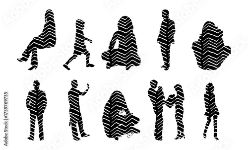 Vector illustration, Outline silhouettes of people, Contour drawing, people silhouette, Icon Set Isolated , Silhouette of sitting people, Architectural set