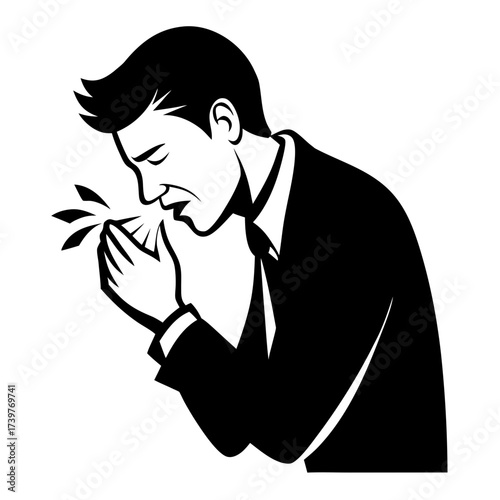 Man sneezing into tissue silhouette vector black illustration on white background