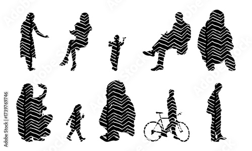 Vector illustration, Outline silhouettes of people, Contour drawing, people silhouette, Icon Set Isolated , Silhouette of sitting people, Architectural set