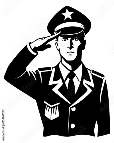 Male soldier saluting silhouette vector black illustration on white background
