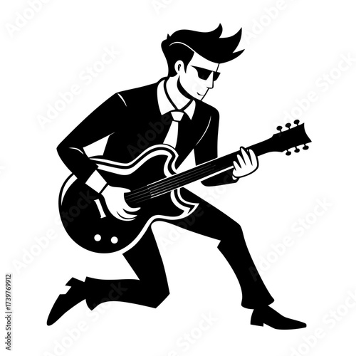 Male guitarist playing music silhouette vector black illustration on white background