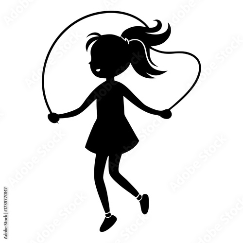 Young girl skipping rope silhouette vector black illustration on white background