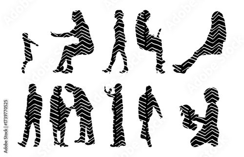 Vector illustration, Outline silhouettes of people, Contour drawing, people silhouette, Icon Set Isolated , Silhouette of sitting people, Architectural set