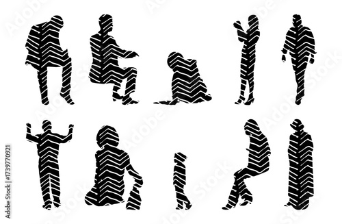 Vector illustration, Outline silhouettes of people, Contour drawing, people silhouette, Icon Set Isolated , Silhouette of sitting people, Architectural set