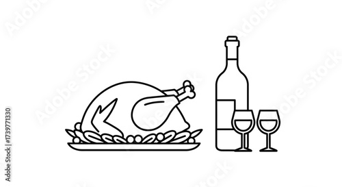 Roast Turkey with Wine Icon – Holiday Dinner Celebration Symbol