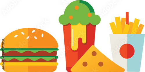 Vector illustration of fast food meal pizza burger fries and drink icons scalable eps