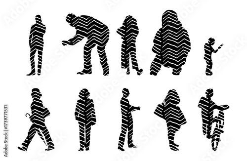Vector illustration, Outline silhouettes of people, Contour drawing, people silhouette, Icon Set Isolated , Silhouette of sitting people, Architectural set