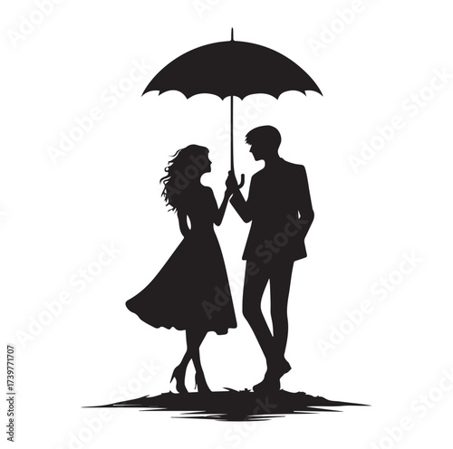 A Romantic couple holding umbrella silhouette and Vector