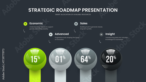 Sales Campaign Four Element Diagram Slide Layout. Product Plan Frame Design Vector Illustration. Creative Performance 4 Option Chart Presentation Template.