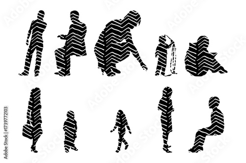 Vector illustration, Outline silhouettes of people, Contour drawing, people silhouette, Icon Set Isolated , Silhouette of sitting people, Architectural set