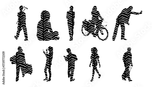 Vector illustration, Outline silhouettes of people, Contour drawing, people silhouette, Icon Set Isolated , Silhouette of sitting people, Architectural set