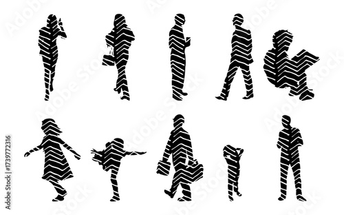 Vector illustration, Outline silhouettes of people, Contour drawing, people silhouette, Icon Set Isolated , Silhouette of sitting people, Architectural set