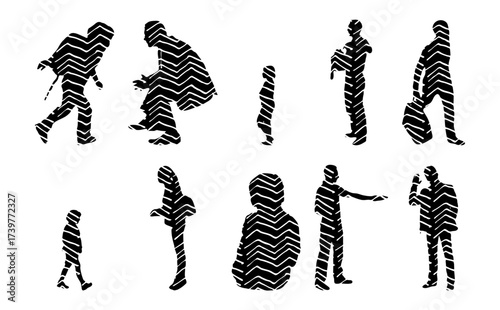 Vector illustration, Outline silhouettes of people, Contour drawing, people silhouette, Icon Set Isolated , Silhouette of sitting people, Architectural set