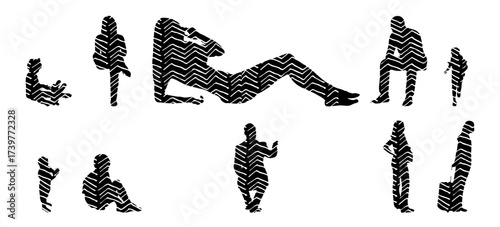 Vector illustration, Outline silhouettes of people, Contour drawing, people silhouette, Icon Set Isolated , Silhouette of sitting people, Architectural set