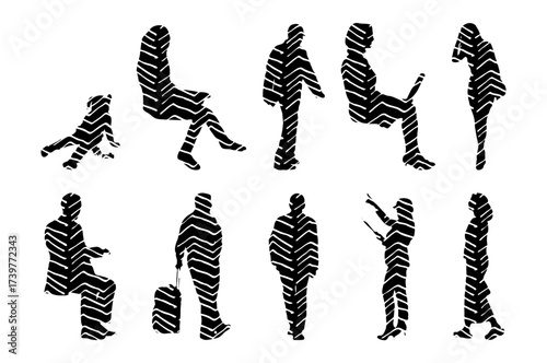 Vector illustration, Outline silhouettes of people, Contour drawing, people silhouette, Icon Set Isolated , Silhouette of sitting people, Architectural set