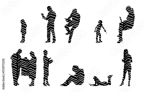 Vector illustration, Outline silhouettes of people, Contour drawing, people silhouette, Icon Set Isolated , Silhouette of sitting people, Architectural set