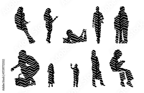 Vector illustration, Outline silhouettes of people, Contour drawing, people silhouette, Icon Set Isolated , Silhouette of sitting people, Architectural set