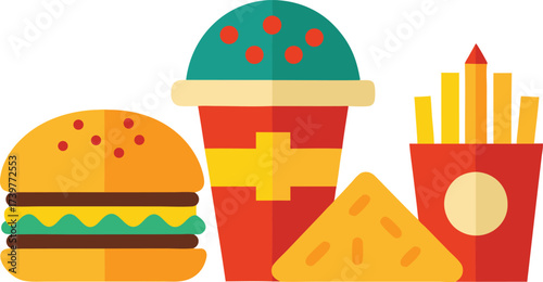Vector illustration of delicious fast food meal burger fries drink and nachos
